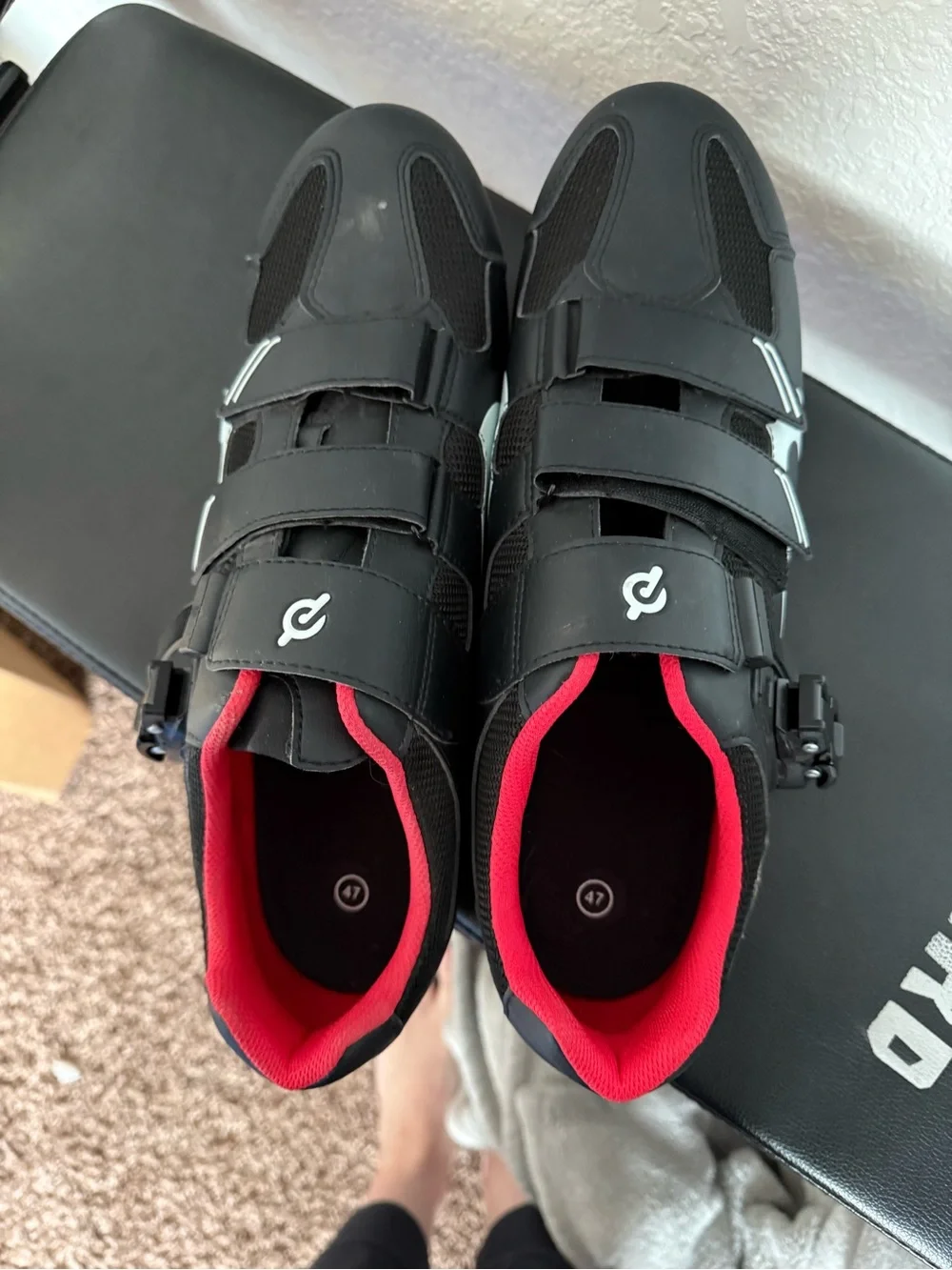 Peloton Black Cycling Shoes with Red Lining and Triple-Strap Closure